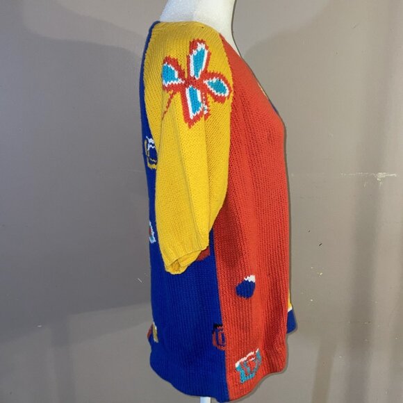 Vtg Marisa Christina Floral Hand Knit Sweater Whimsy Granny Retro Colorblock Lrg - Picture 4 of 8